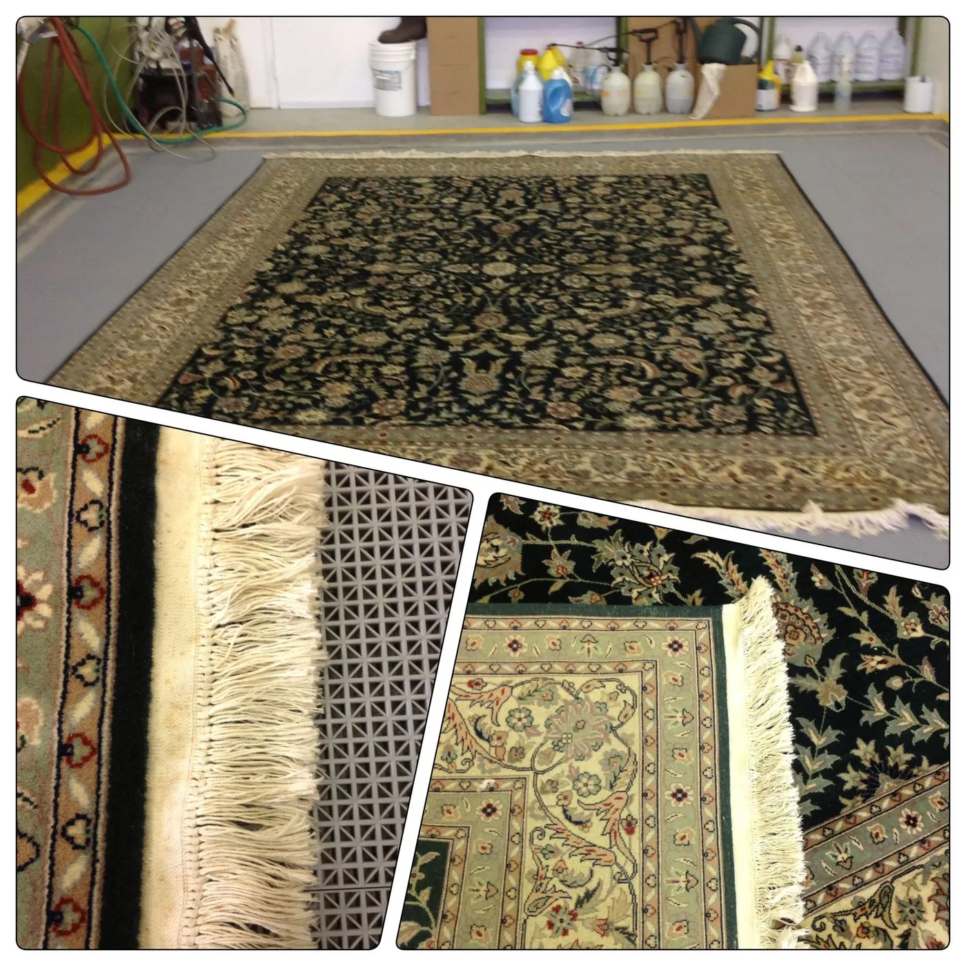 The same oriental rug shown before and after a full wash