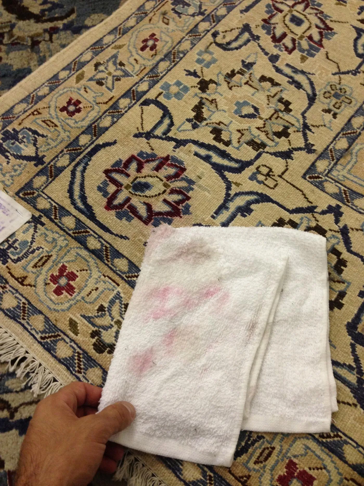 A damp white cloth pressed to a rug to check the dyes for bleeding